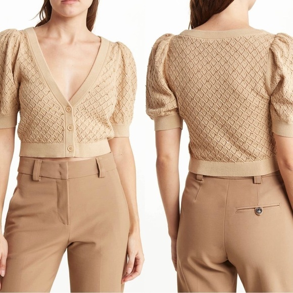 Alice + Olivia Romi embellished crop knit puff sleeve cardigan top - Picture 1 of 3